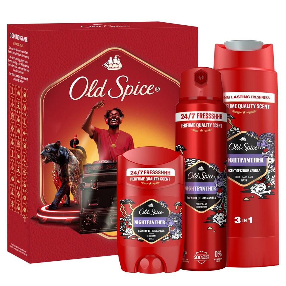 Obrázek 1 pro produkt Old Spice DJ Dárková Sada S Deodorantem Ve Spreji, Tuhým Deodorantem A Sprchovým Gelem Night Panther