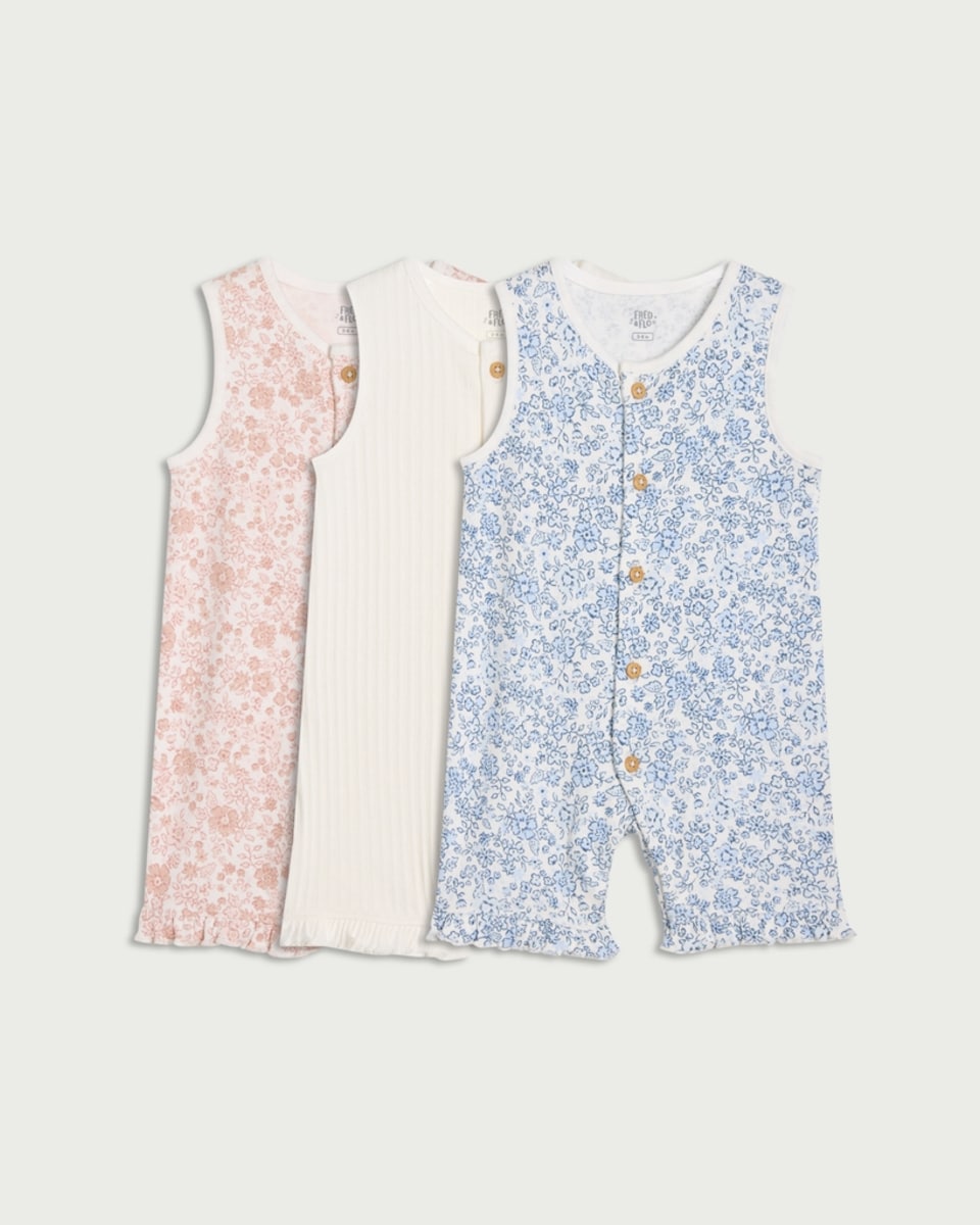 image 1 of F&F Baby 3-Pack Pure Cotton Floral Print Sleeveless Rompers in White