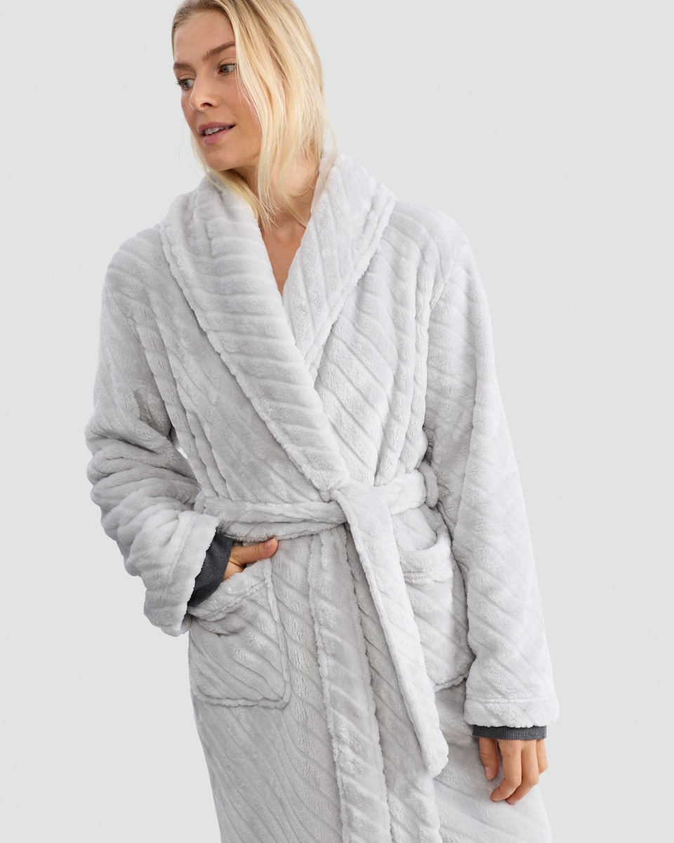 image 1 of F&F Fleece Textured Striped Dressing Gown in Grey