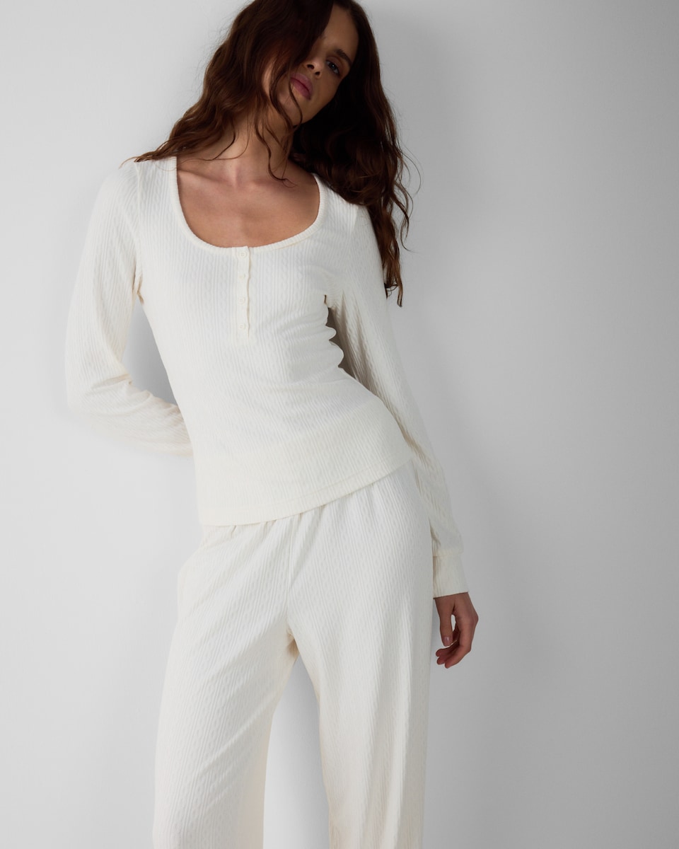 image 1 of F&F Pointelle Cable Knit Pyjama Set in Cream