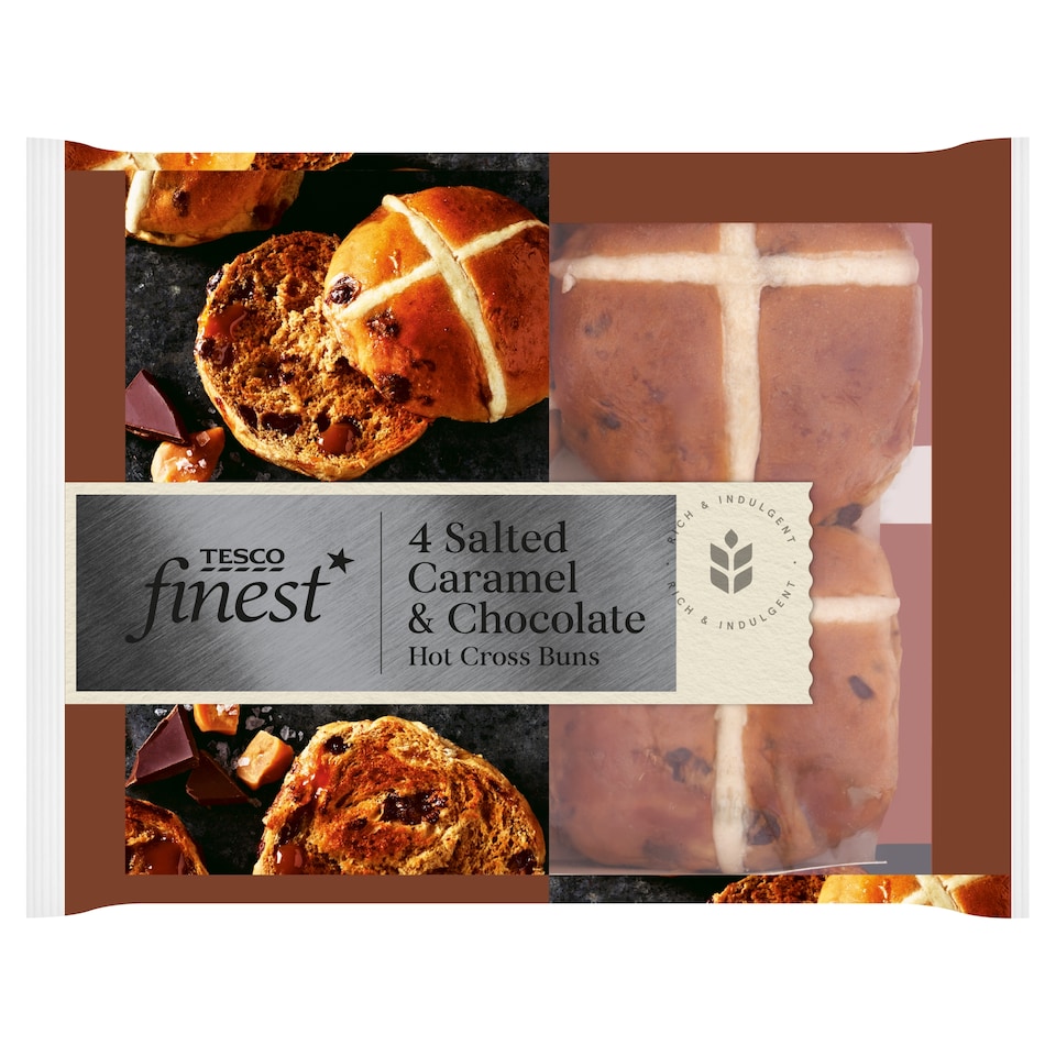Tesco Finest Salted Caramel & Belgian Chocolate Hot Cross Buns 4 Pack