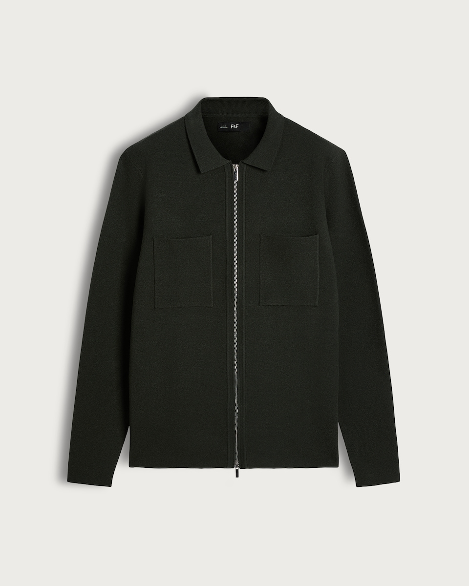 image 1 of The F&F Edit Knitted Pocket Front Zip Up Collared Jacket in Khaki