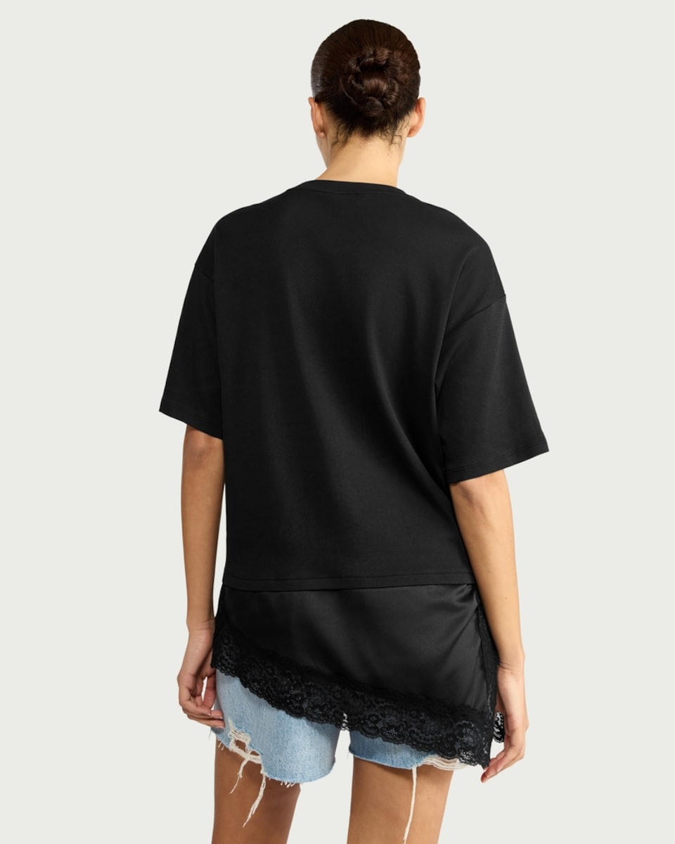 image 1 of F&F Pure Cotton T-Shirt with Lace Hem in Black