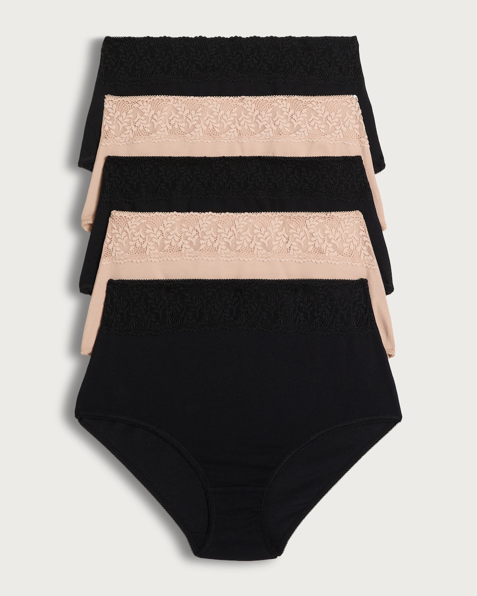 F&F 5-Pack Cotton Rich Lace Trim High Waist Knickers in Multi