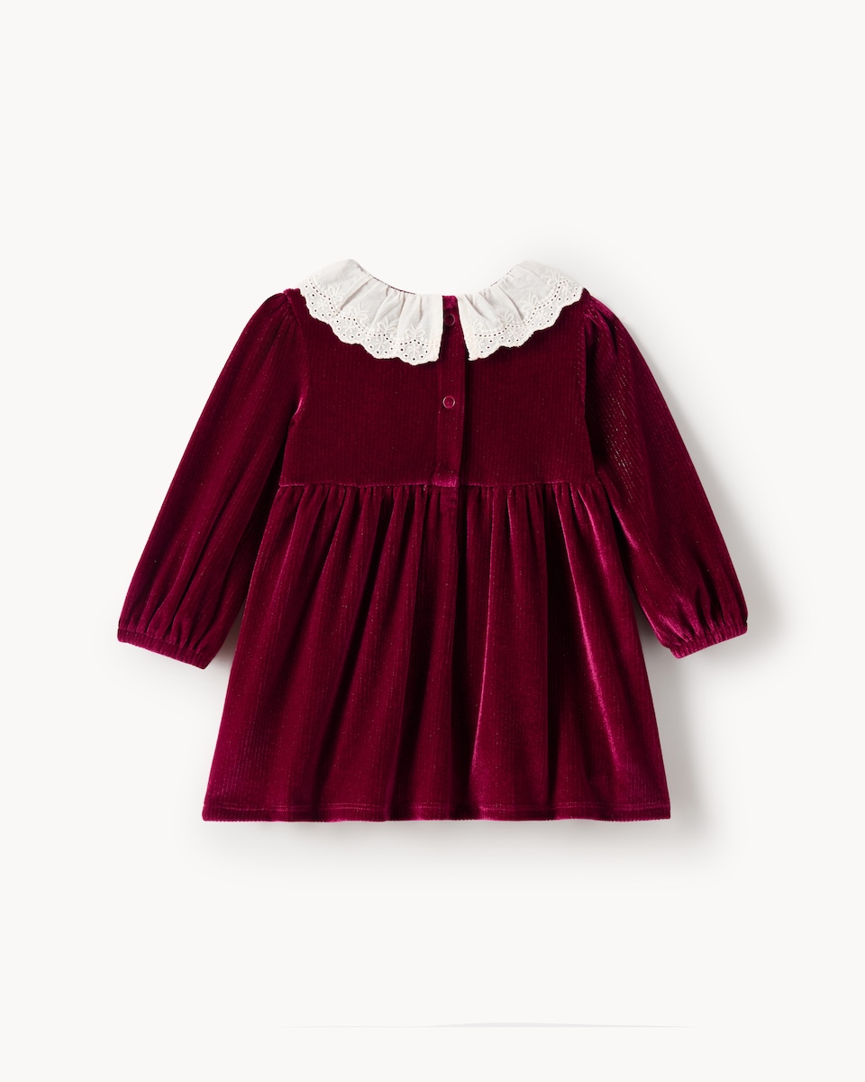 image 1 of F&F Baby Velvet Broderie Collar Dress in Red