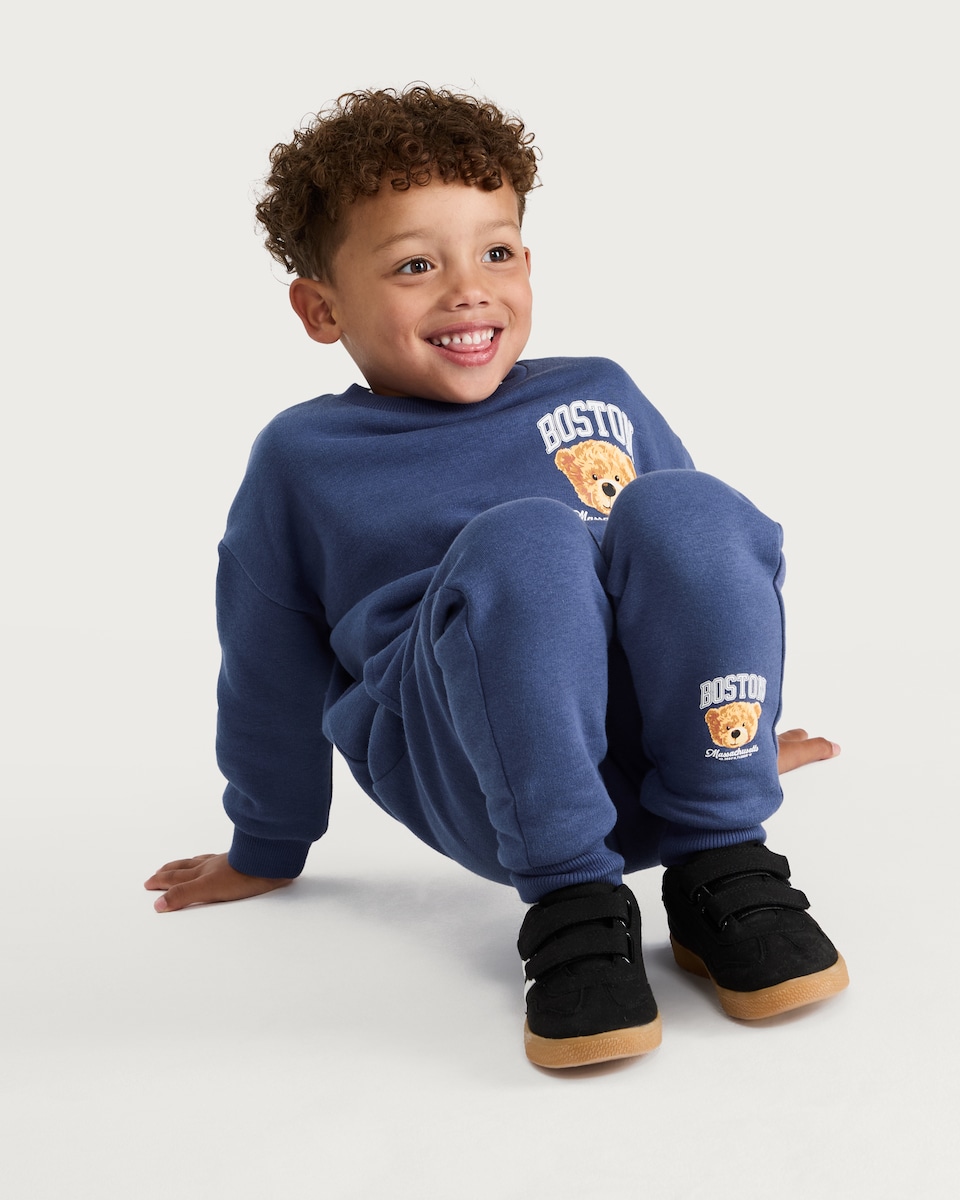 image 1 of F&F Boys 2-Piece Cotton Rich Boston Bear Sweatshirt and Joggers Set in Navy