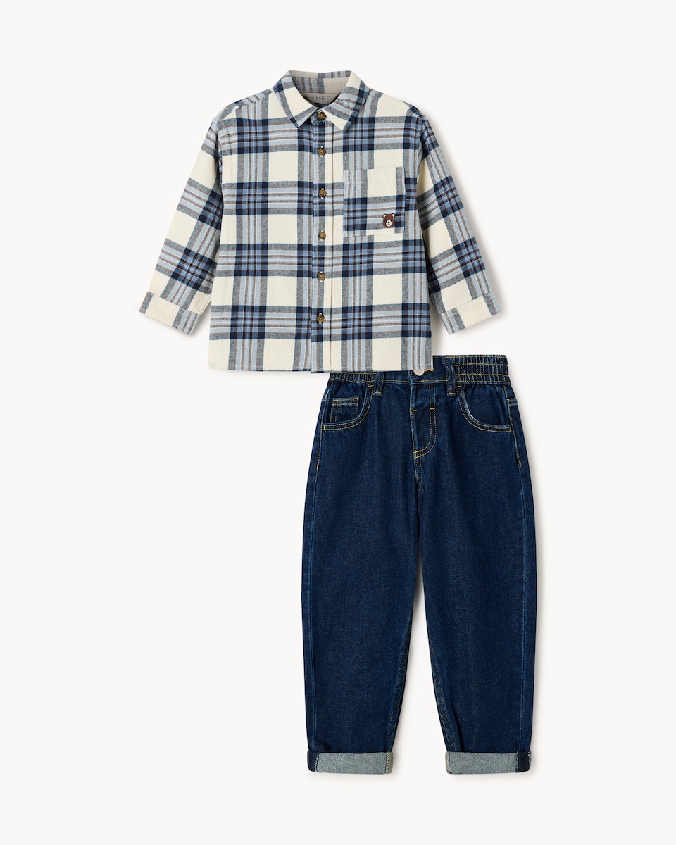image 1 of F&F Boys Pure Cotton Check Shirt and Jeans Set in Multi