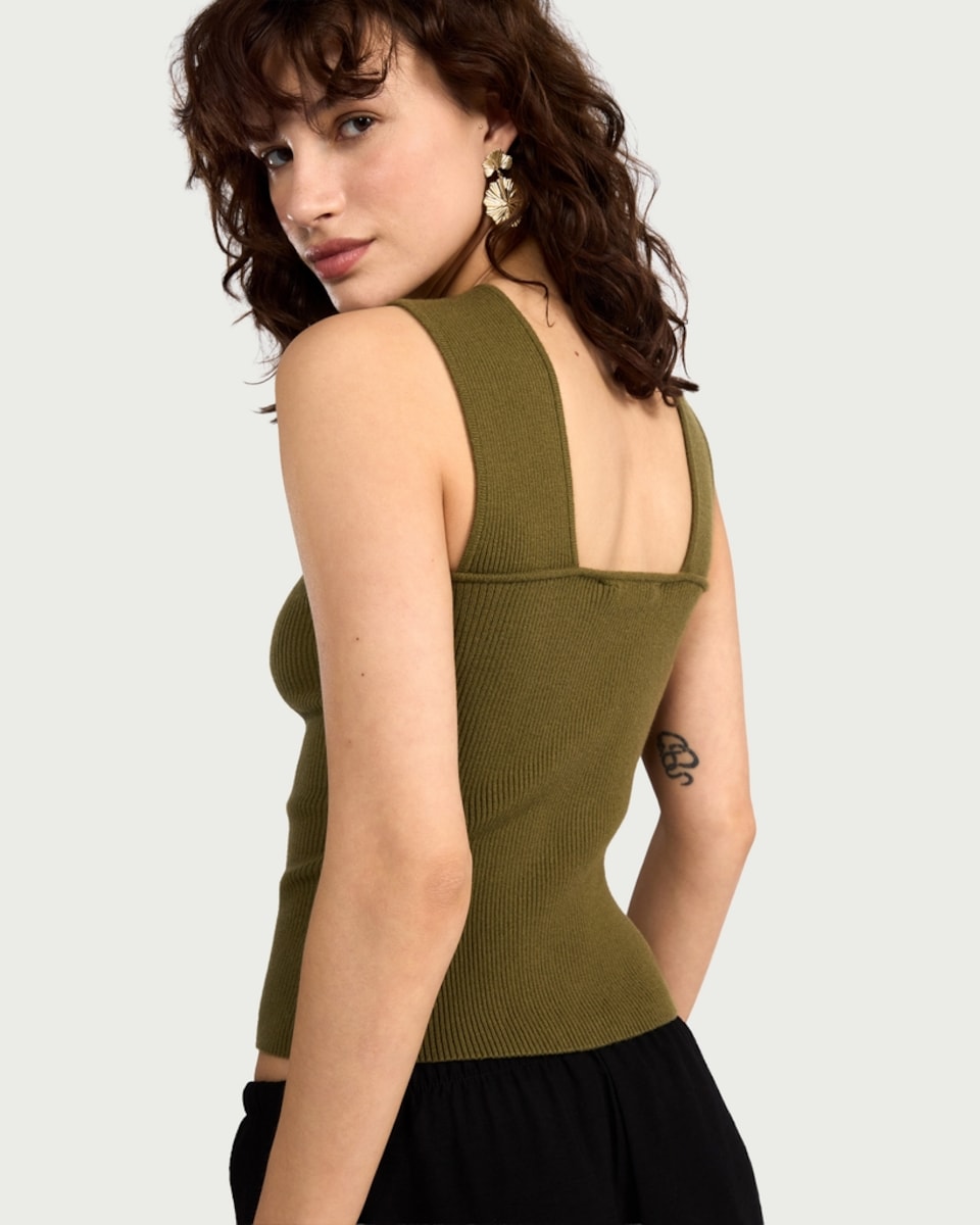image 1 of The F&F Edit Ribbed Halter Neck Cross Over Top in Khaki