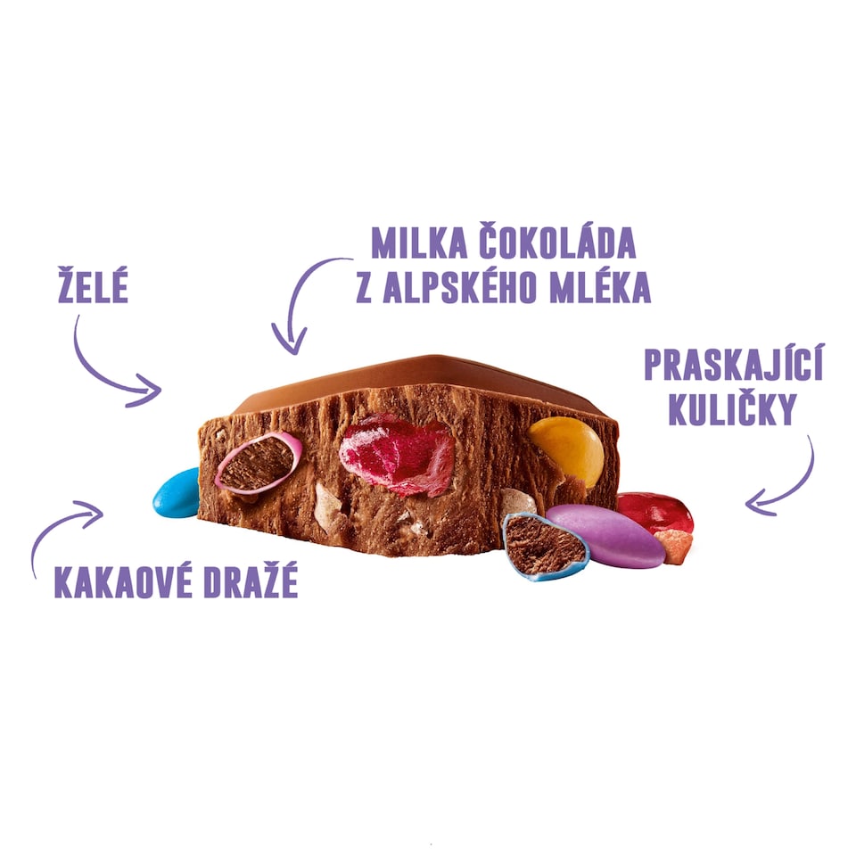 Obrázek 1 pro produkt Milka Choco Jelly mléčná čokoláda z alpského mléka s želé, dražé a praskajícími kuličkami 250 g