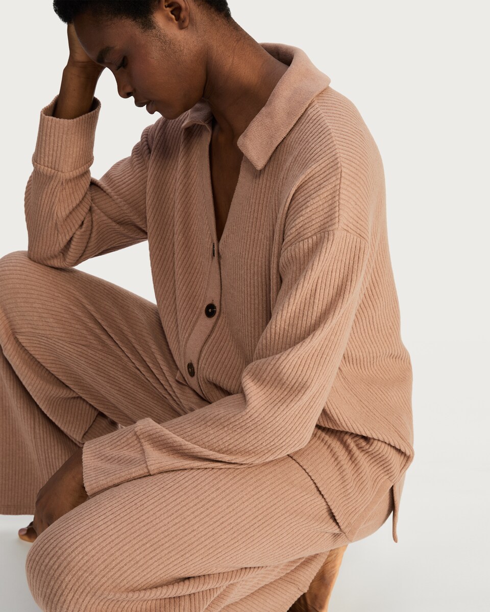 image 1 of F&F Ribbed Revere Button Up Pyjama Set in Med Nude