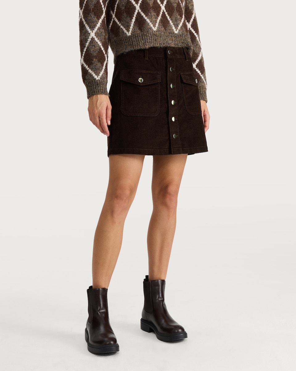image 1 of F&F Pure Cotton Corduroy Button Front Mini Skirt in Brown