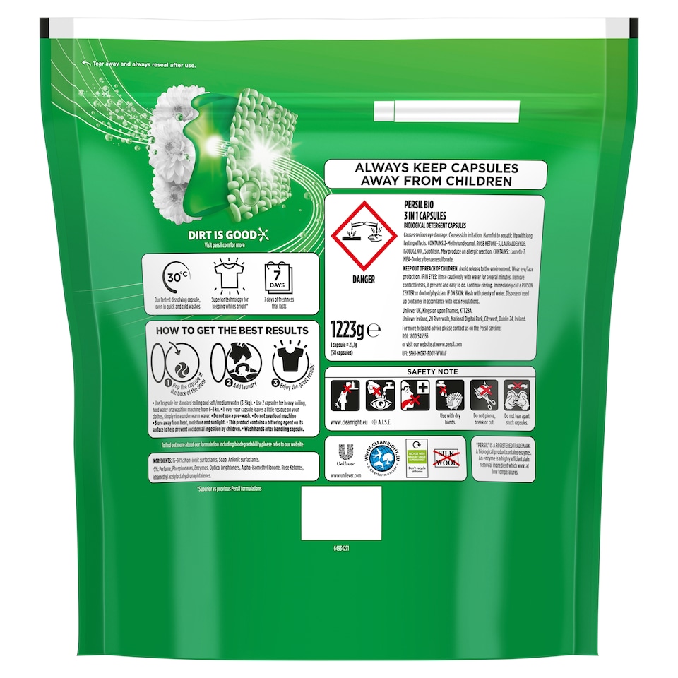 image 1 of Persil Bio 3 in 1 Laundry Washing Detergent Capsules 58 Washes 1223g