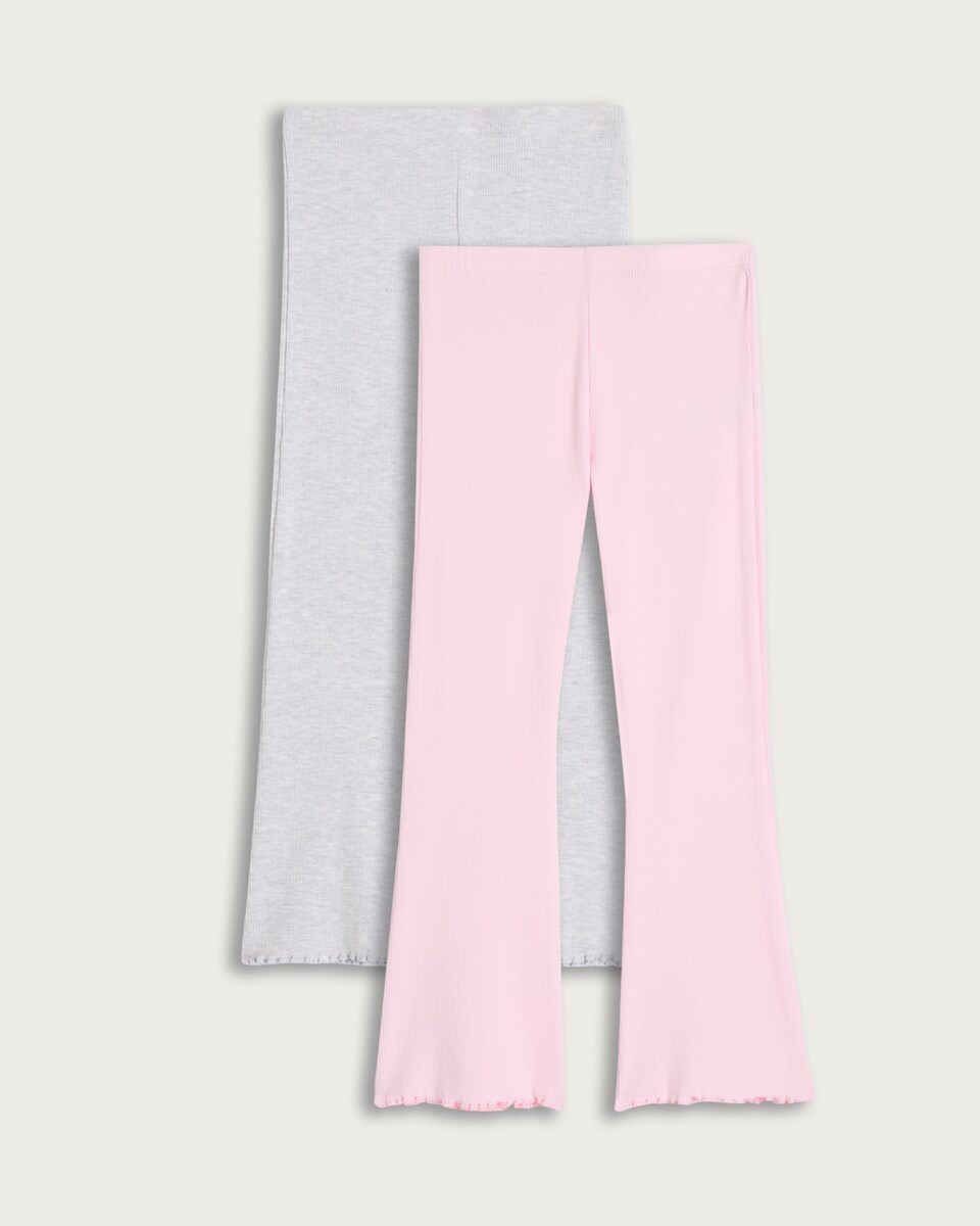 F&F Girls 2-Pack Cotton Rich Ribbed Flared Leggings in Multi Pink