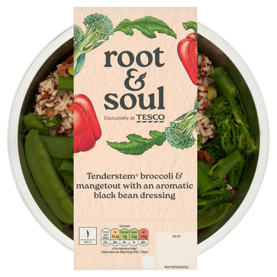 Root & Soul Tenderstem broccoli & mangetout with an aromatic black bean dressing 380g