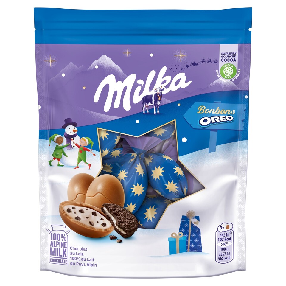 Milka Oreo alpesi tej felhasználásával készült tejcsokoládé tejes krémtöltelékkel 86 g