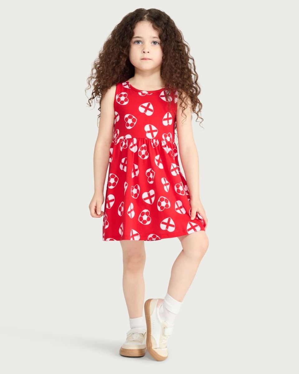 image 1 of F&F Girls Pure Cotton England Football Print Sleeveless Dress in Multi Red
