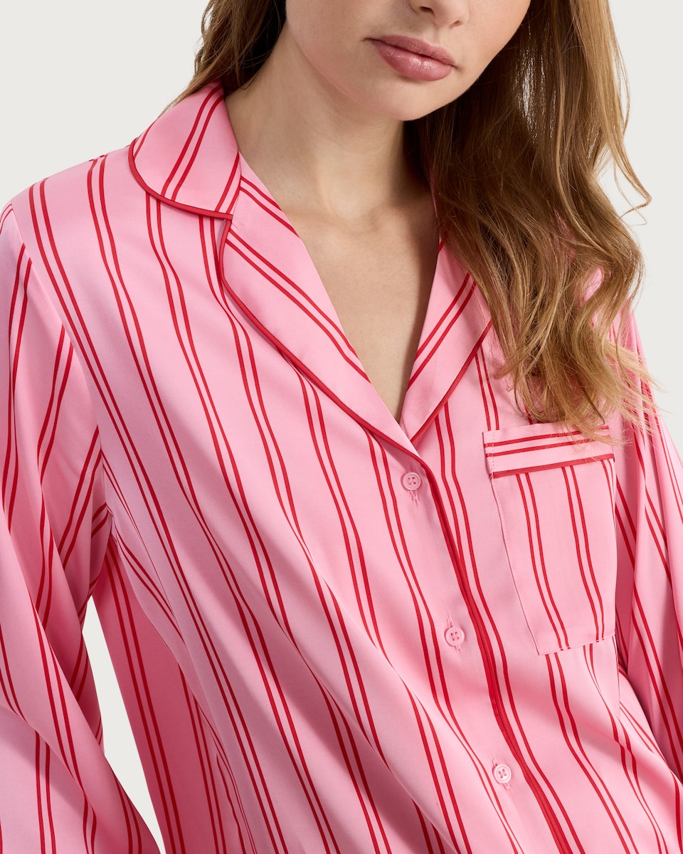 image 1 of F&F Satin Stripe Print Shirt and Trousers Pyjamas in Multi Pink