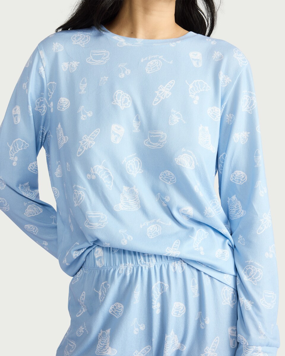 image 1 of F&F Textured Breakfast Print Pyjama Set in Multi Blue