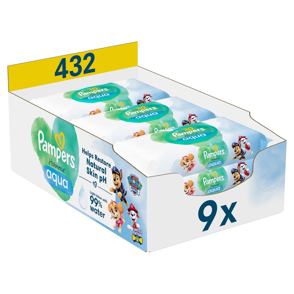 Pampers Harmonie Aqua Nedves Törlőkendő, 9 Csomag = 432 db  1. kép