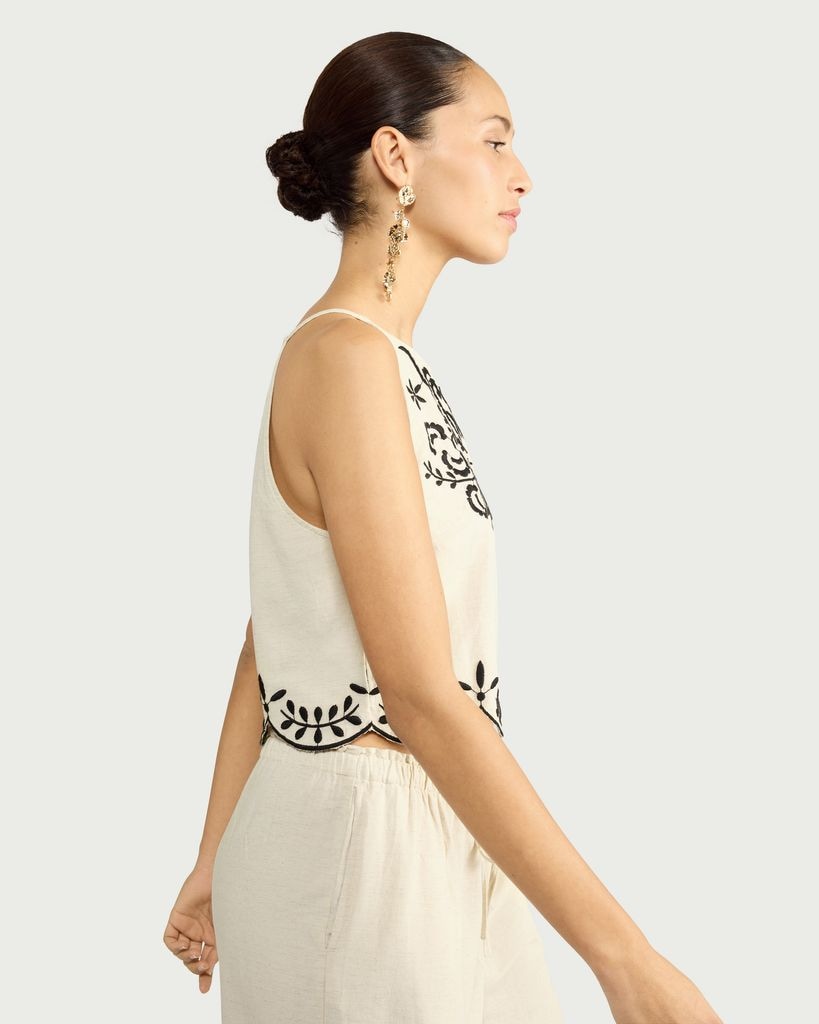 F&F Embroidered Scallop Hem Sleeveless Co-ord Top with Linen in Cream