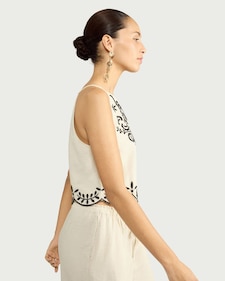 F&F Embroidered Scallop Hem Sleeveless Co-ord Top with Linen in Cream