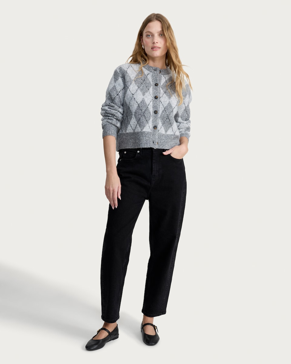 image 1 of F&F Knitted Argyle Print Button Up Cardigan in Multi Grey