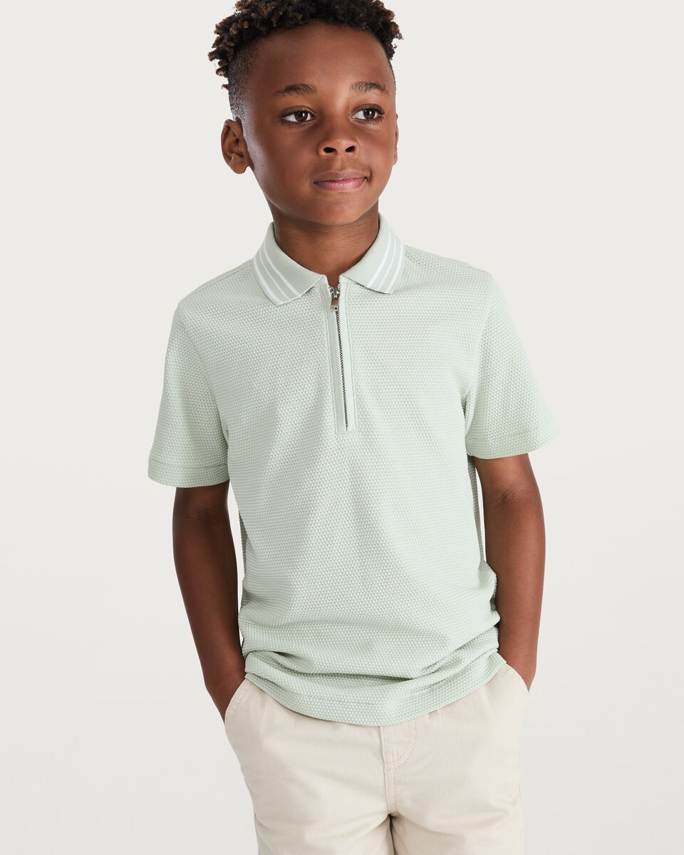 image 1 of F&F Boys Cotton Rich Textured Striped Polo Shirt in Mint