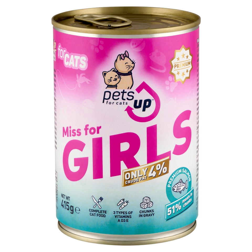 PetsUp Miss for Girls teljes értékű nedves állateledel felnőtt macskáknak lazaccal, szószban 415 g  1. kép