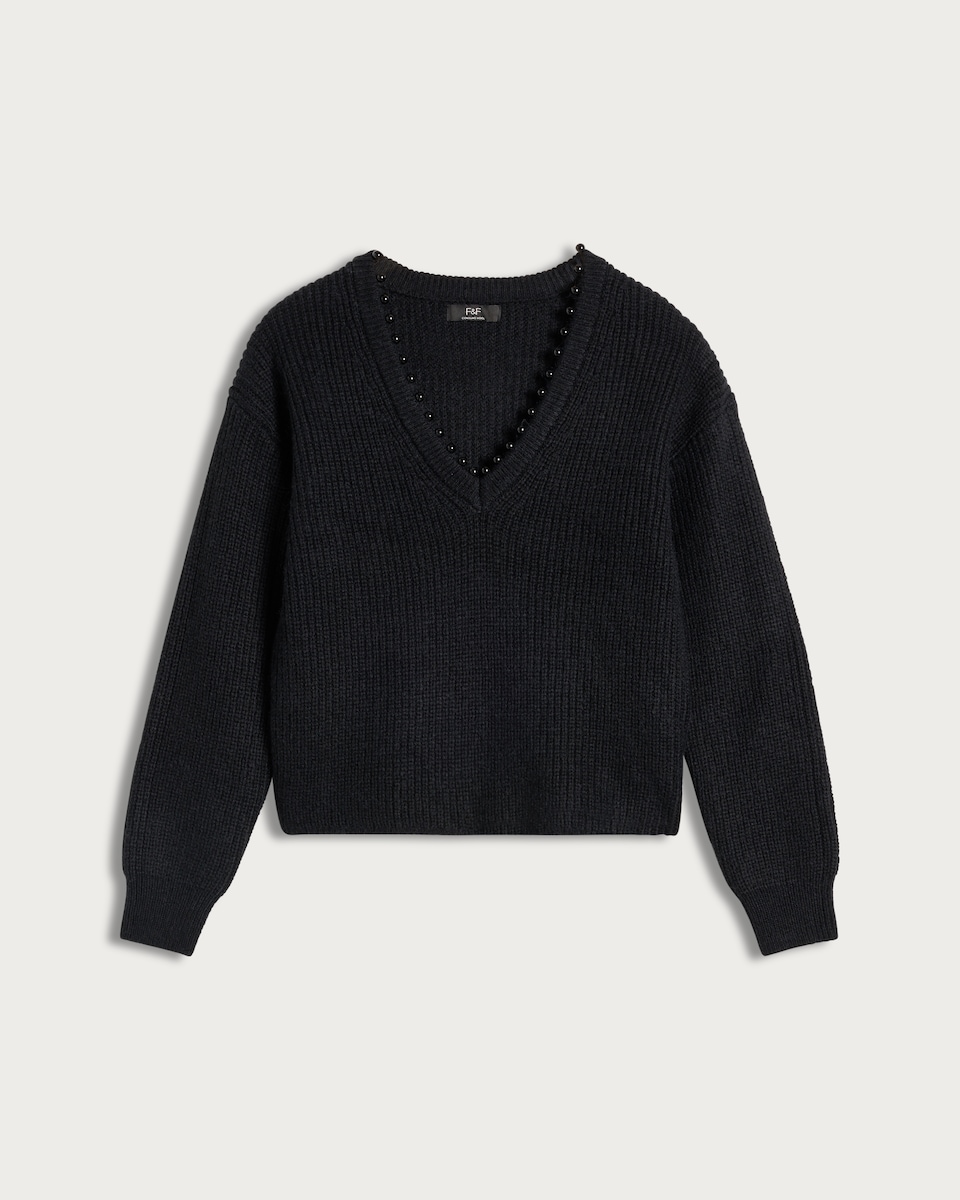 F&F Ribbed Beaded V Neck Jumper in Black