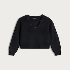 F&F Ribbed Beaded V Neck Jumper in Black