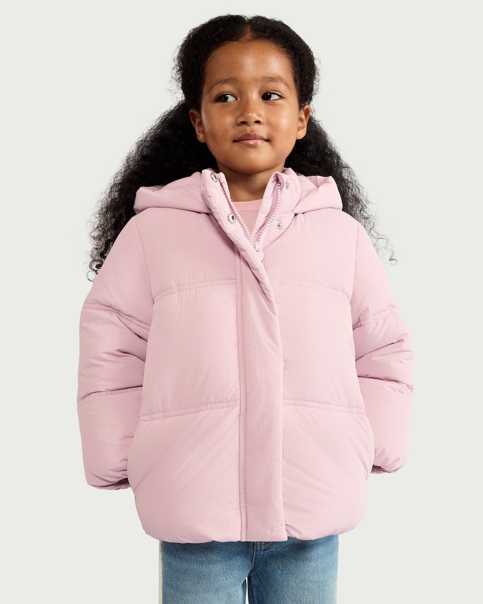 image 1 of F&F Girls Shower Resistant Hooded Padded Coat in Pink