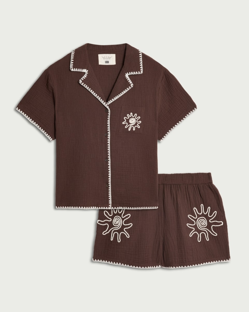 image 1 of F&F Pure Cotton Embroidered Revere Short Pyjama Set in Brown