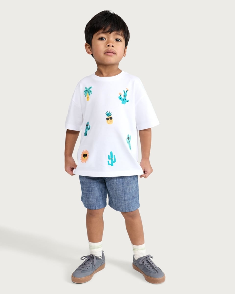 image 1 of F&F Boys Pure Cotton Tropical Print T-Shirt in White