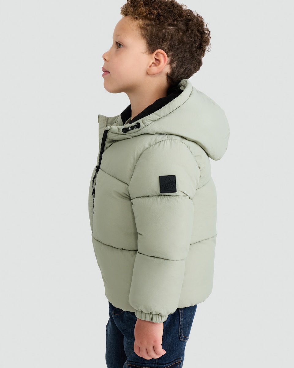 image 1 of F&F Boys Zip Through Hooded Puffer Jacket in Green