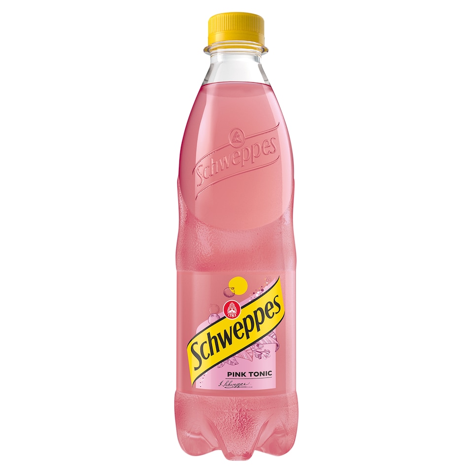 Schweppes Pink Tonic feketeribizli ízű szénsavas üdítőital cukorral és édesítőszerekkel 0,5 l