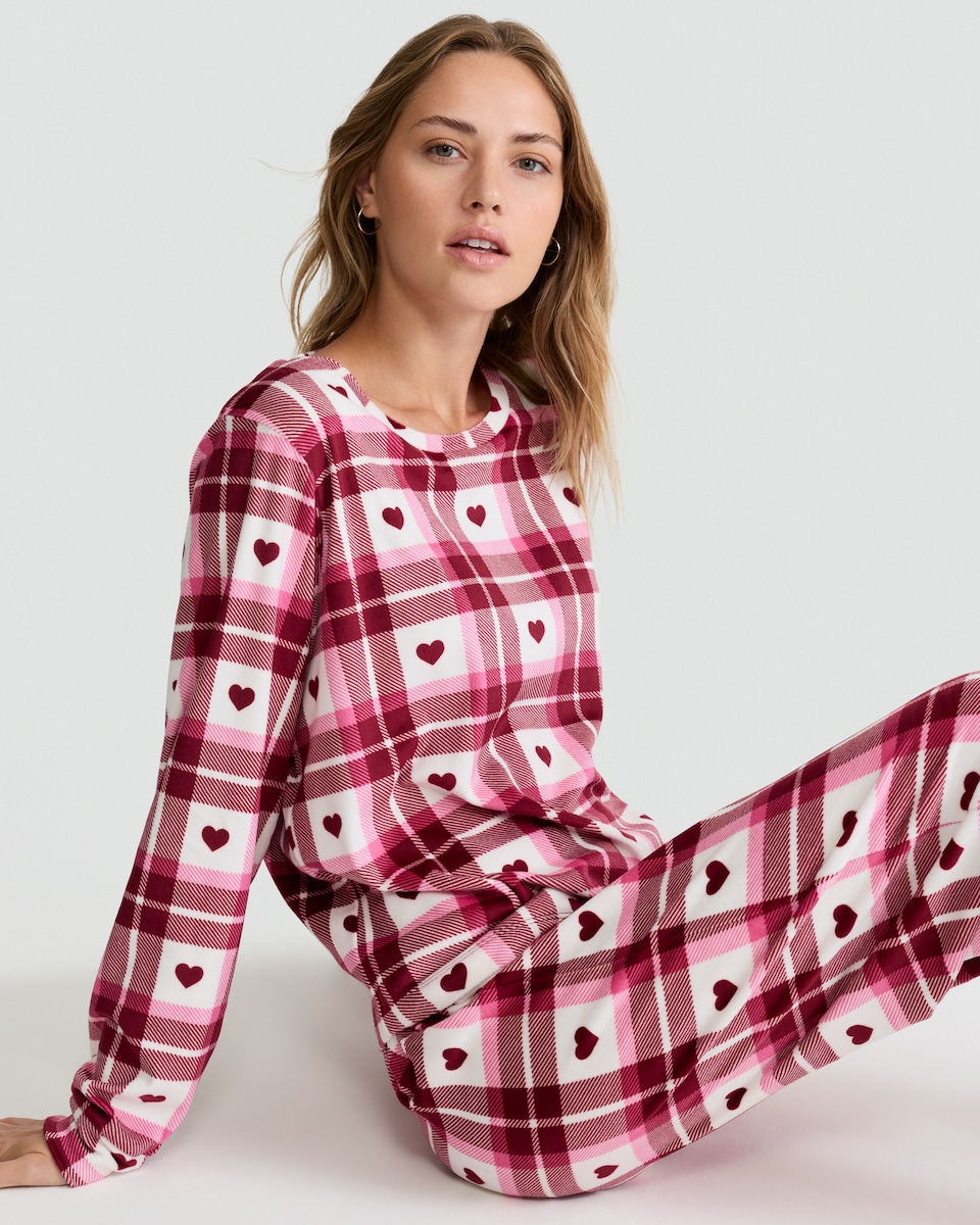 image 1 of F&F Fleece Heart Check Print Top and Trousers Pyjamas in Red