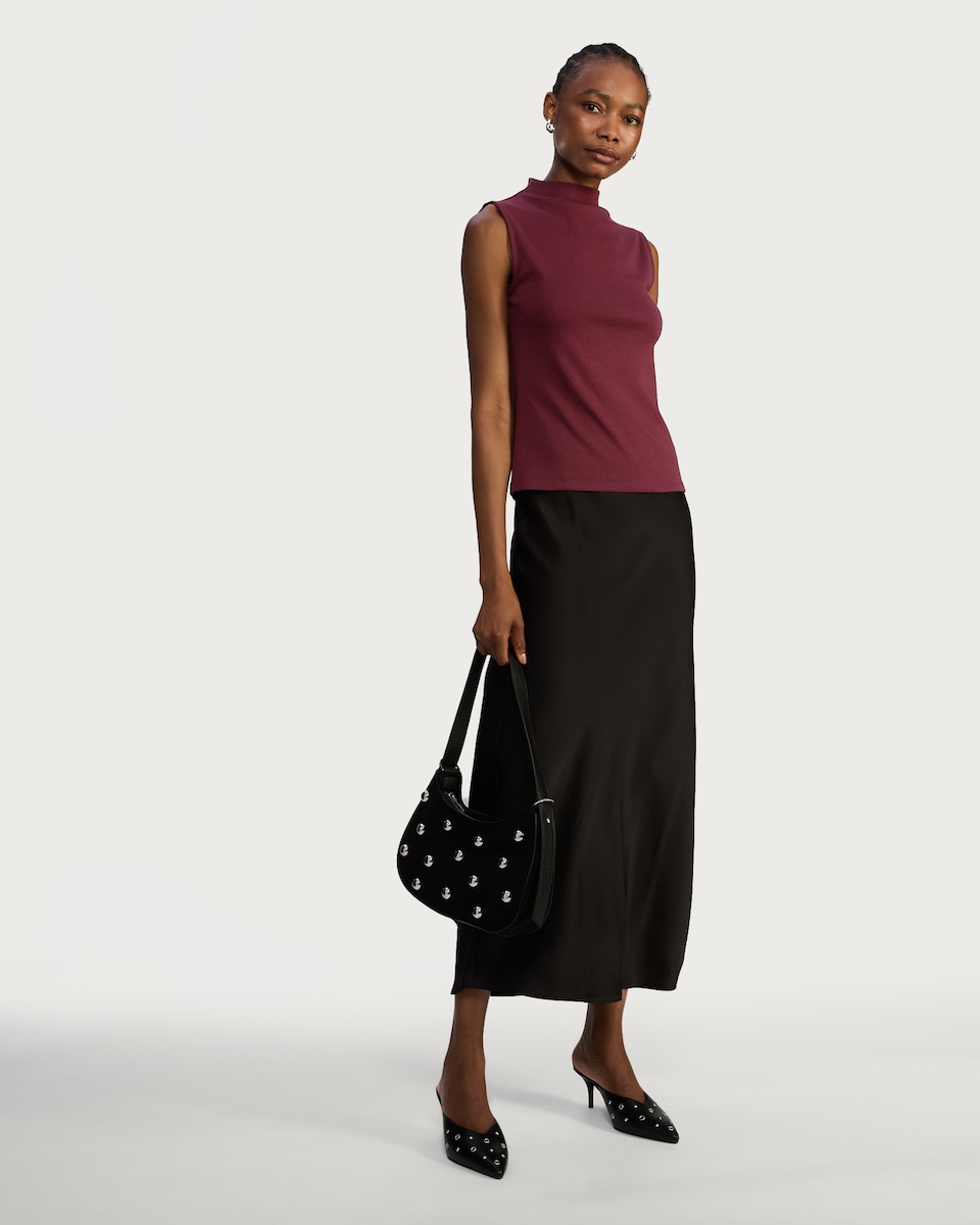 image 1 of F&F Cotton Modal Blend High Neck Sleeveless Top in Burgundy