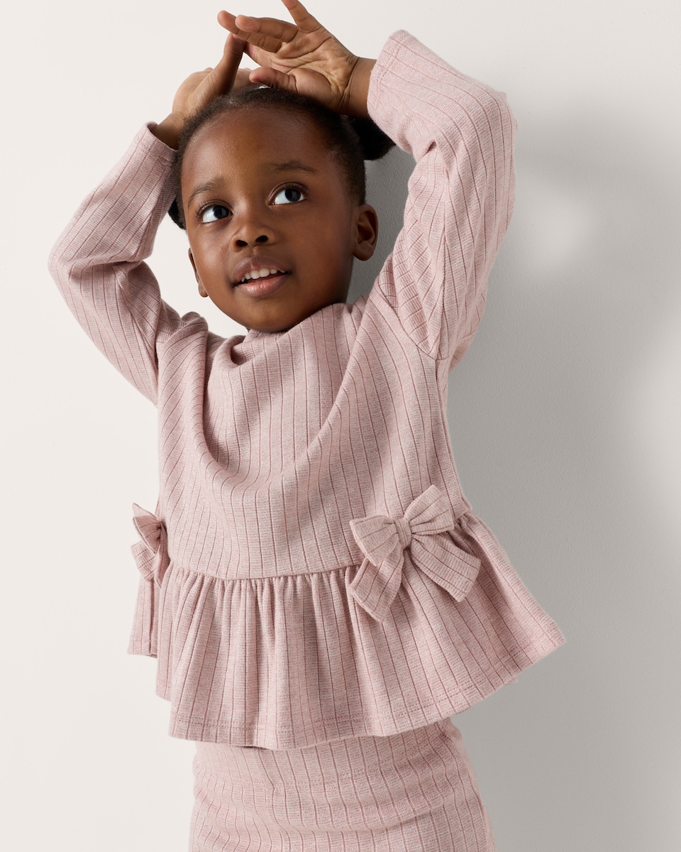 image 1 of F&F Girls Sparkly Ribbed Peplum Top and Flared Leggings Set in Pink