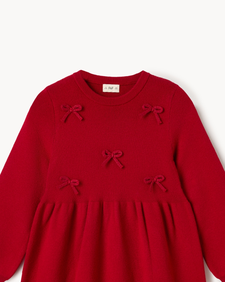 image 1 of Christmas Girls Knitted Bow Dress in Red