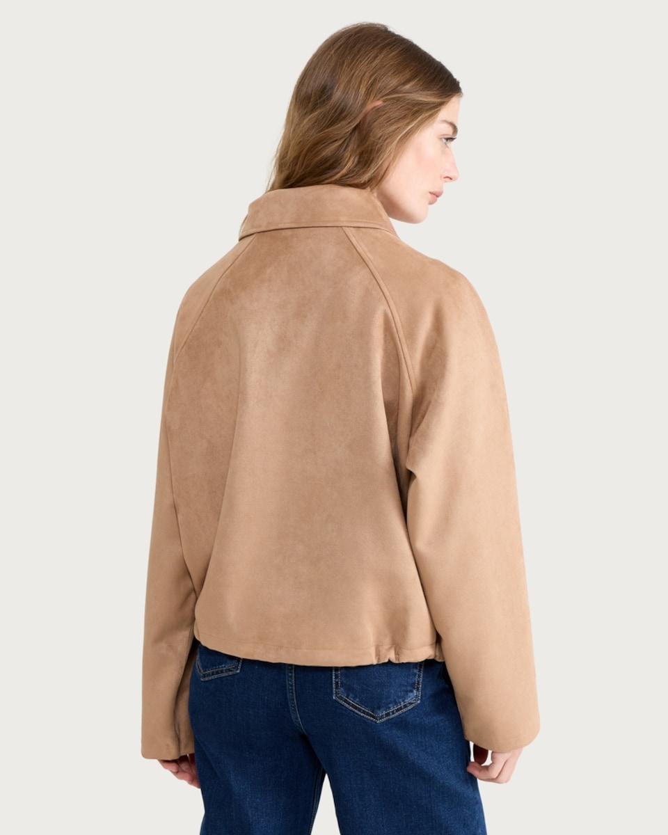 image 1 of F&F Faux Suede Zip Up Drawstring Jacket in Brown