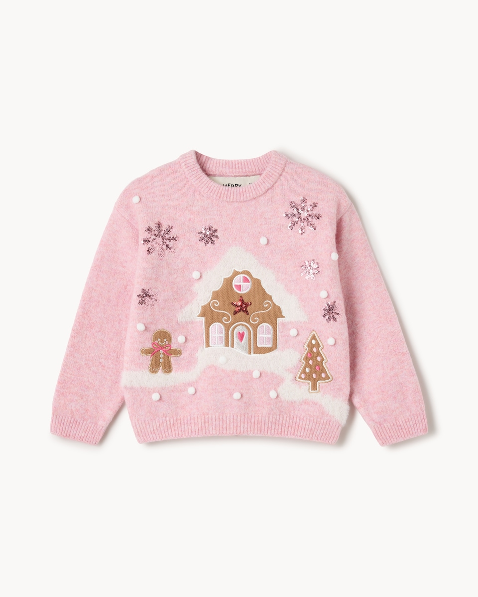 image 1 of Christmas Girls Sequin Gingerbread Jumper in Pink