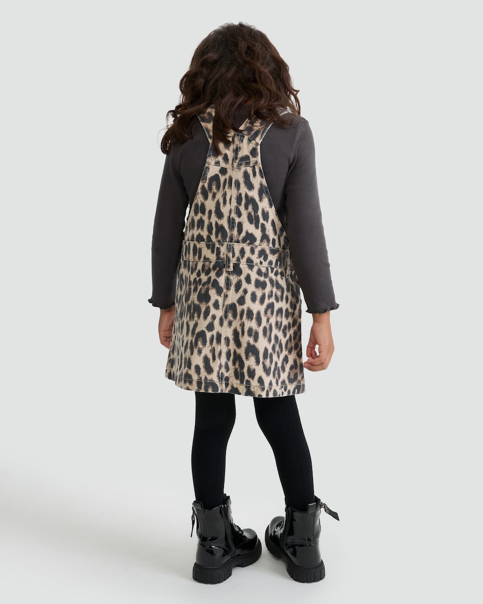 image 1 of F&F Girls 2-Piece Leopard Print Pinafore and Long Sleeved Top Set in Multi Brown