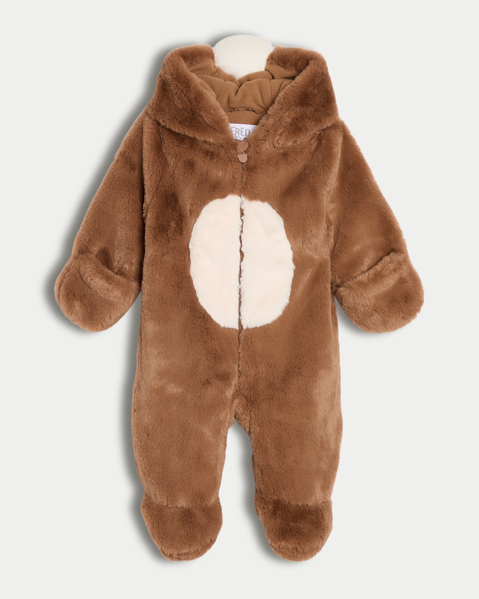 image 1 of F&F Baby Fleece Bear Detail Hooded All-In-One in Brown