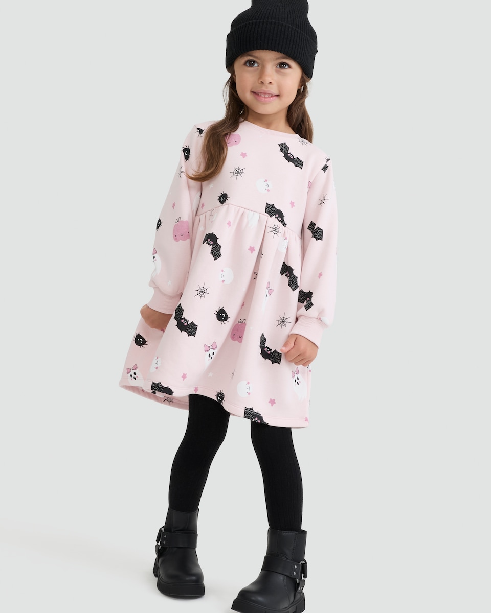 image 1 of F&F Girls Halloween Print Cotton Rich Sweater Dress in Multi