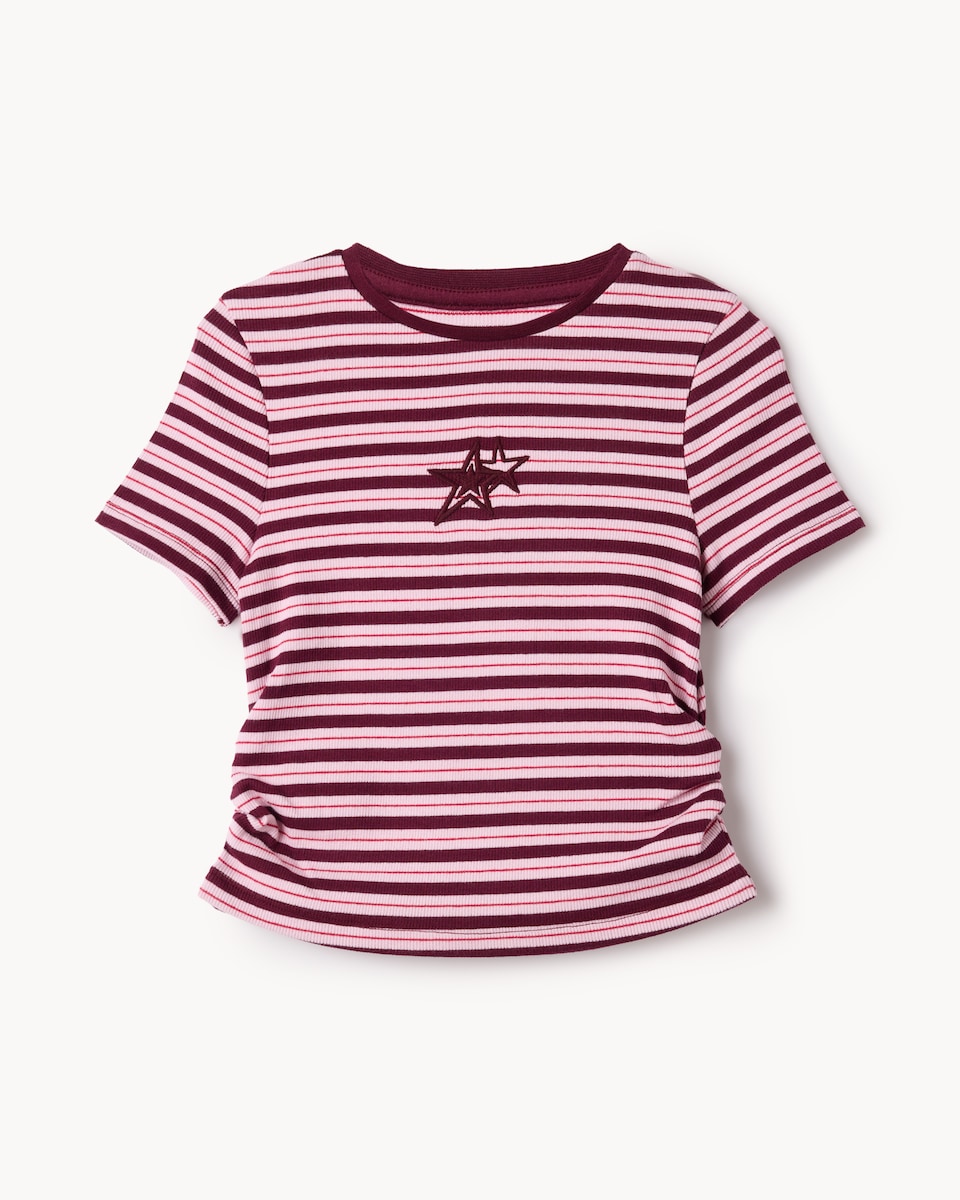 image 1 of F&F Girls Cotton Rich Ruched Side Striped T-Shirt in Burgundy