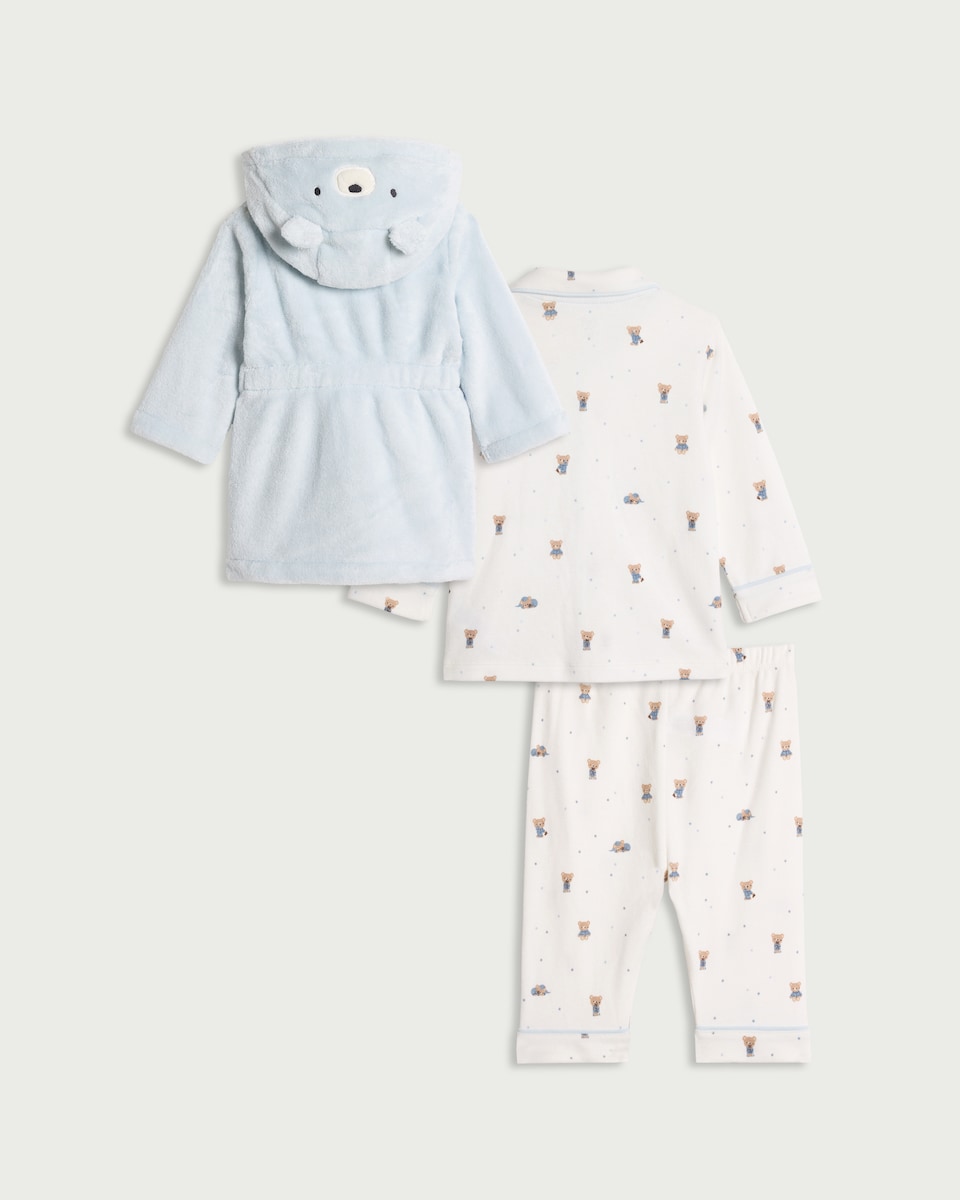 image 1 of F&F Baby 3-Piece Bear Hooded Dressing Gown and Pyjama Set in Blue