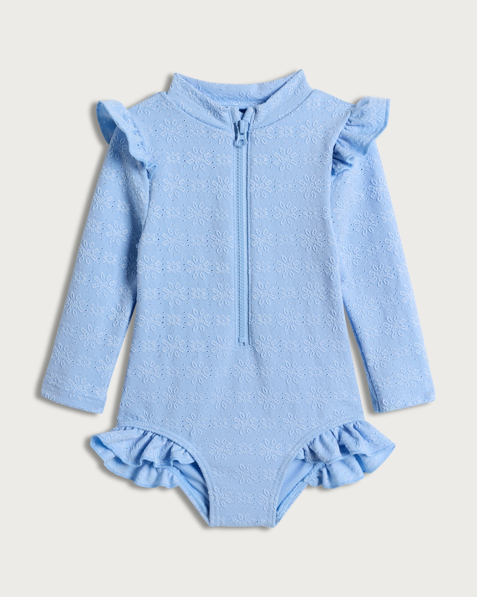 image 1 of F&F Girls Floral Broderie Frill Long Sleeved Swimsuit in Blue