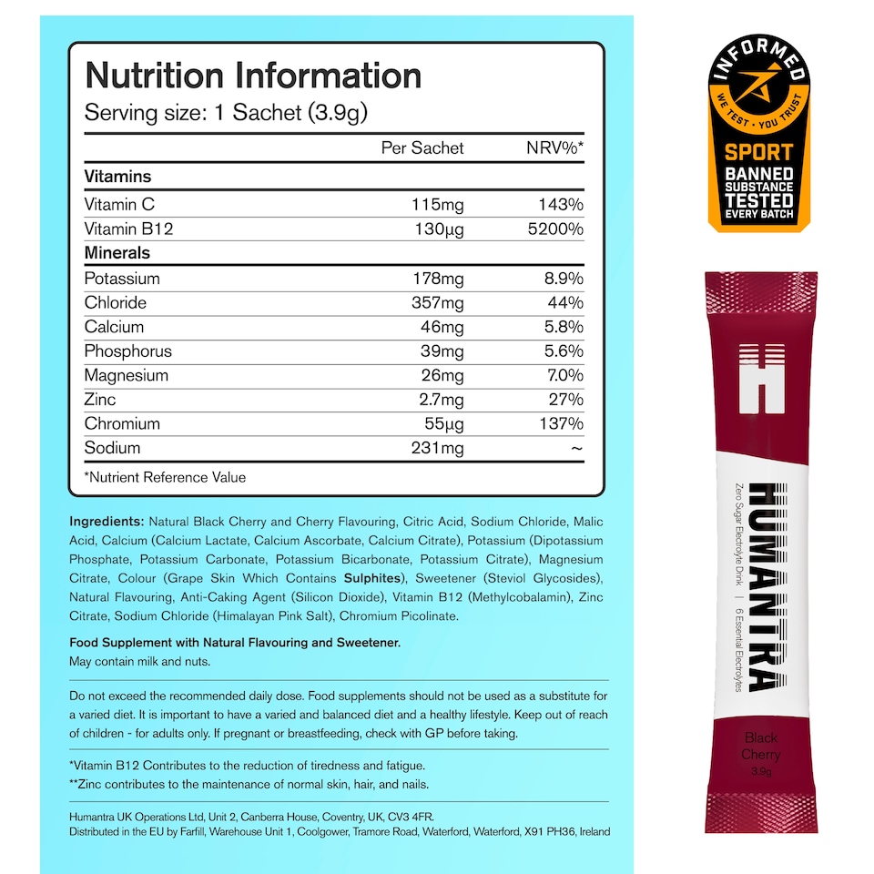 image 1 of Humantra Black Cherry Zero Sugar Electrolyte Drink 3 x 3.9g Sachets