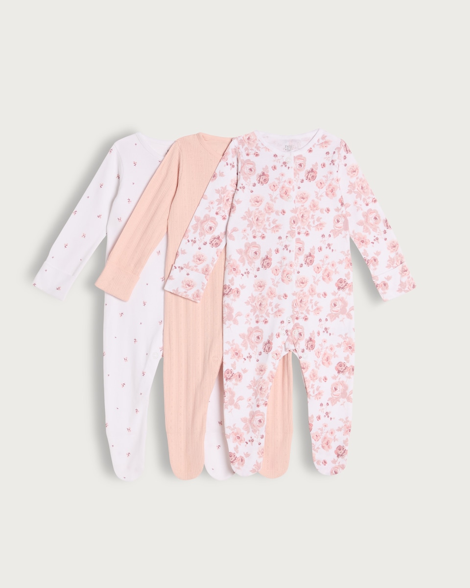 image 1 of F&F Baby 3-Pack Pure Cotton Floral Sleepsuits in Pink