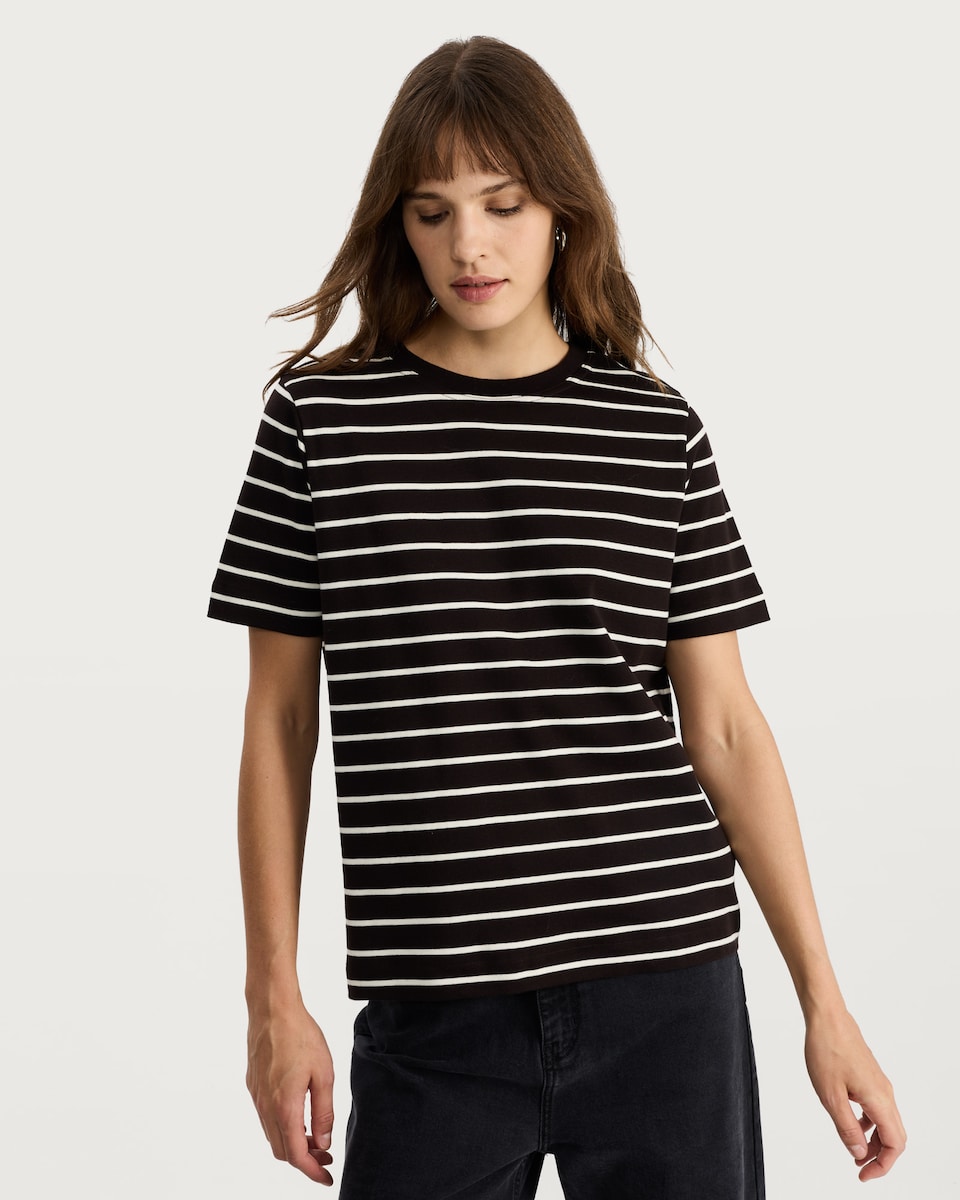 image 1 of F&F Pure Cotton Striped Short Sleeved T-Shirt in Multi Brown